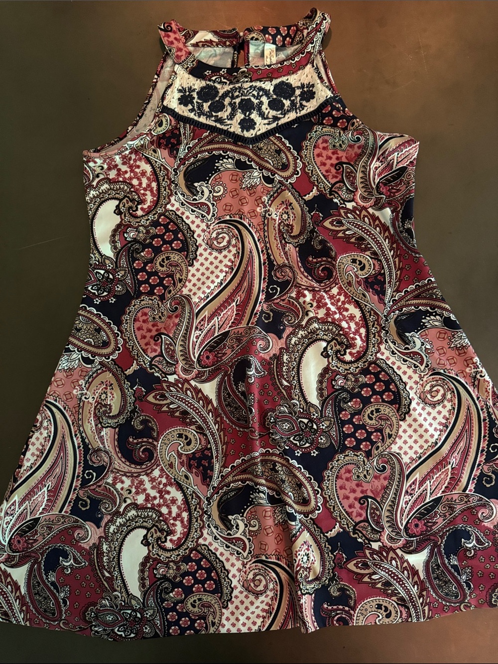 Ruby Rd. Paisley Mini Dress in Maroon, Navy & Cream